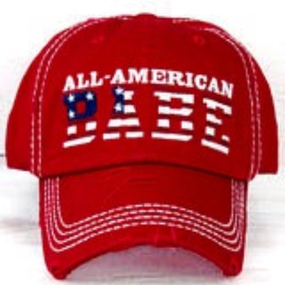 NWT WOMANS ALL AMERICAN BABE DISTRESSED BASEBALL CAP RED DENIM